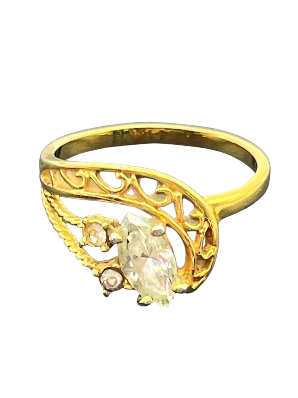 Marquis cut CZ gold tone scroll filigree cocktail ring size 5.25 vintage